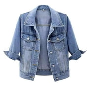 Mnjin Women's 3/4 Sleeve Washed Plus Size Denim Jacket Short Lightweight Jean Jacket Coat with Pockets (Blue 2,Size L)